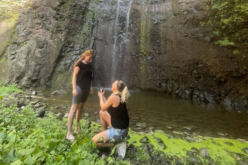 Huwelijksaanzoek bij fontein in de natuur